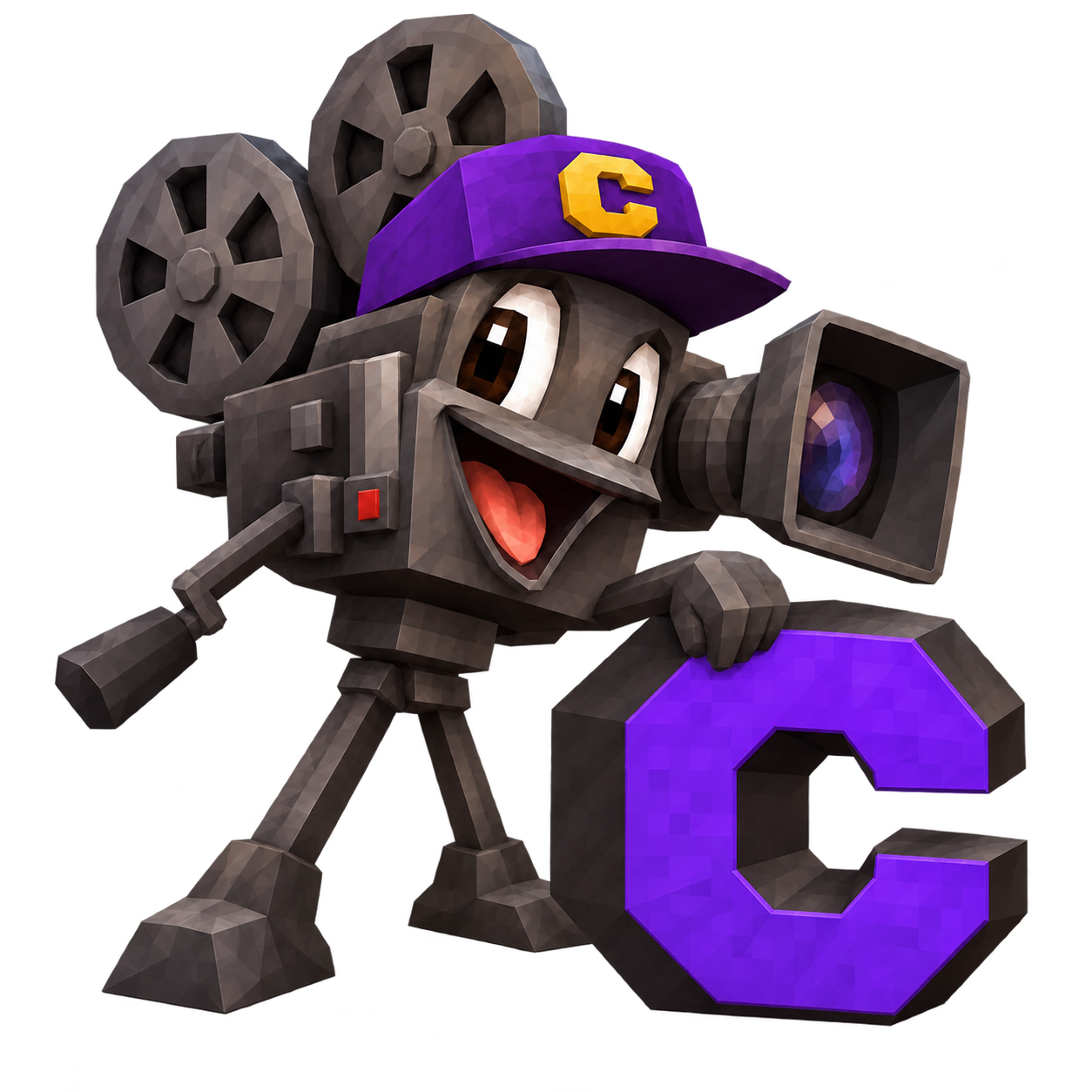 Cappy, a movie camera in a purple cap, leaning on a purple C